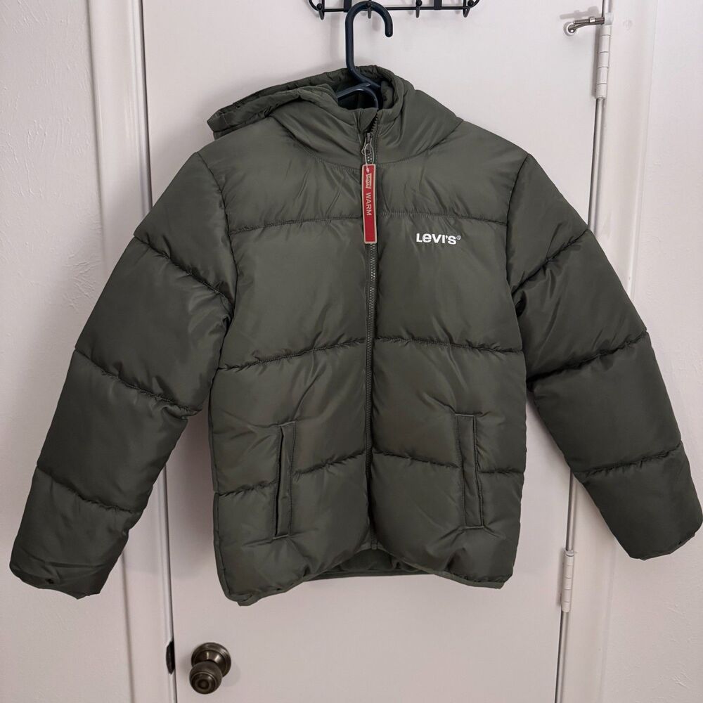 Boys Large 12-13 NWT Levi Strauss Co Heavyweight Puffer Jacket Hooded Green - Picture 2 of 5